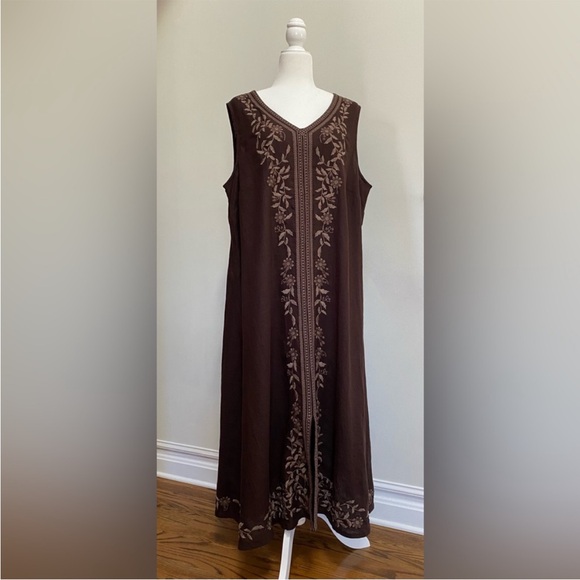 J. Jill Dresses & Skirts - NWT- J. JILL 100% LINEN CHOCOLATE BROWN EMBROIDERED MAXI DRESS SIZE 2X